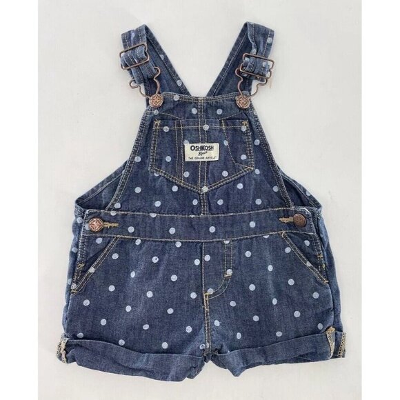 OshKosh B'Gosh Baby‎ Girls Polka Dot Denim Cuffed Shortalls Size 9 Months - Picture 1 of 5